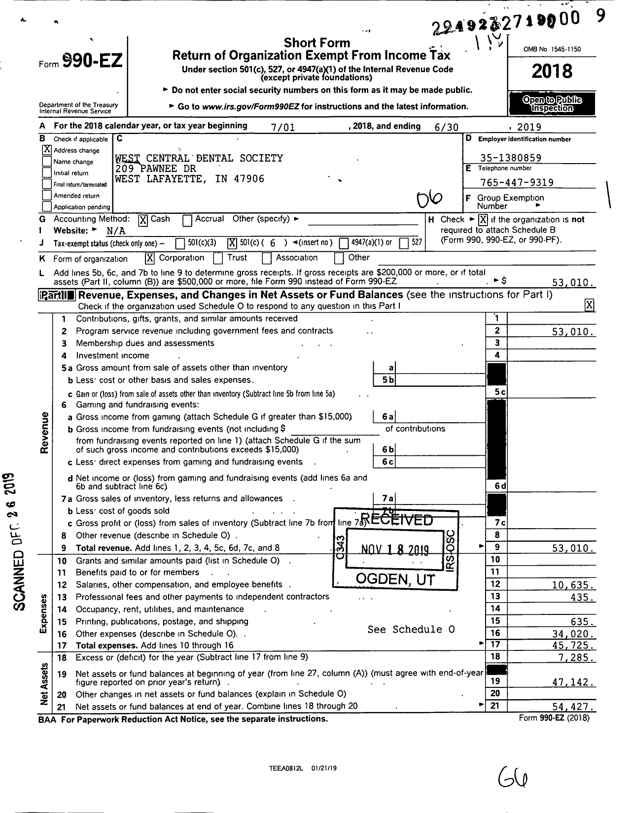 Image of first page of 2018 Form 990EO for West Central Dental Society