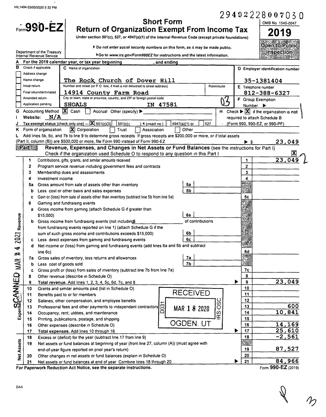 Image of first page of 2019 Form 990EZ for Rock Church of Dover Hill