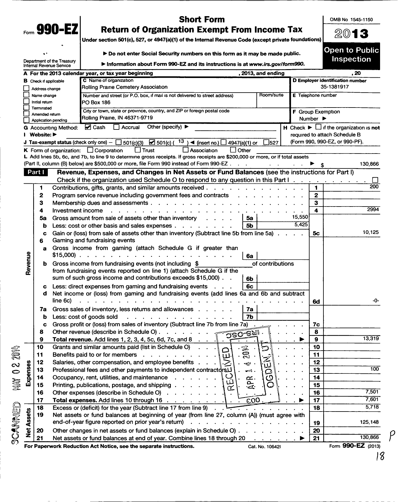 Image of first page of 2013 Form 990EO for Rolling Prairie Cemetery Association