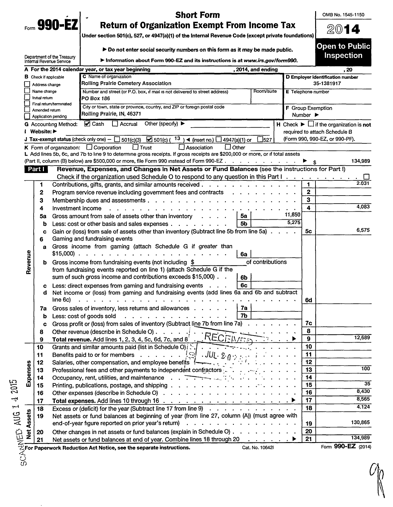 Image of first page of 2014 Form 990EO for Rolling Prairie Cemetery Association