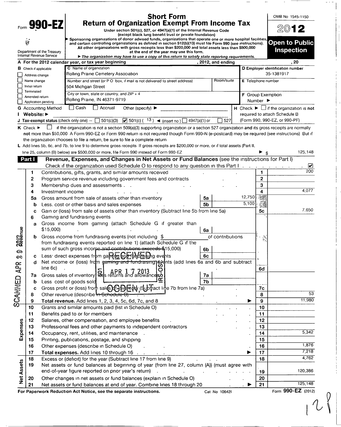 Image of first page of 2012 Form 990EO for Rolling Prairie Cemetery Association