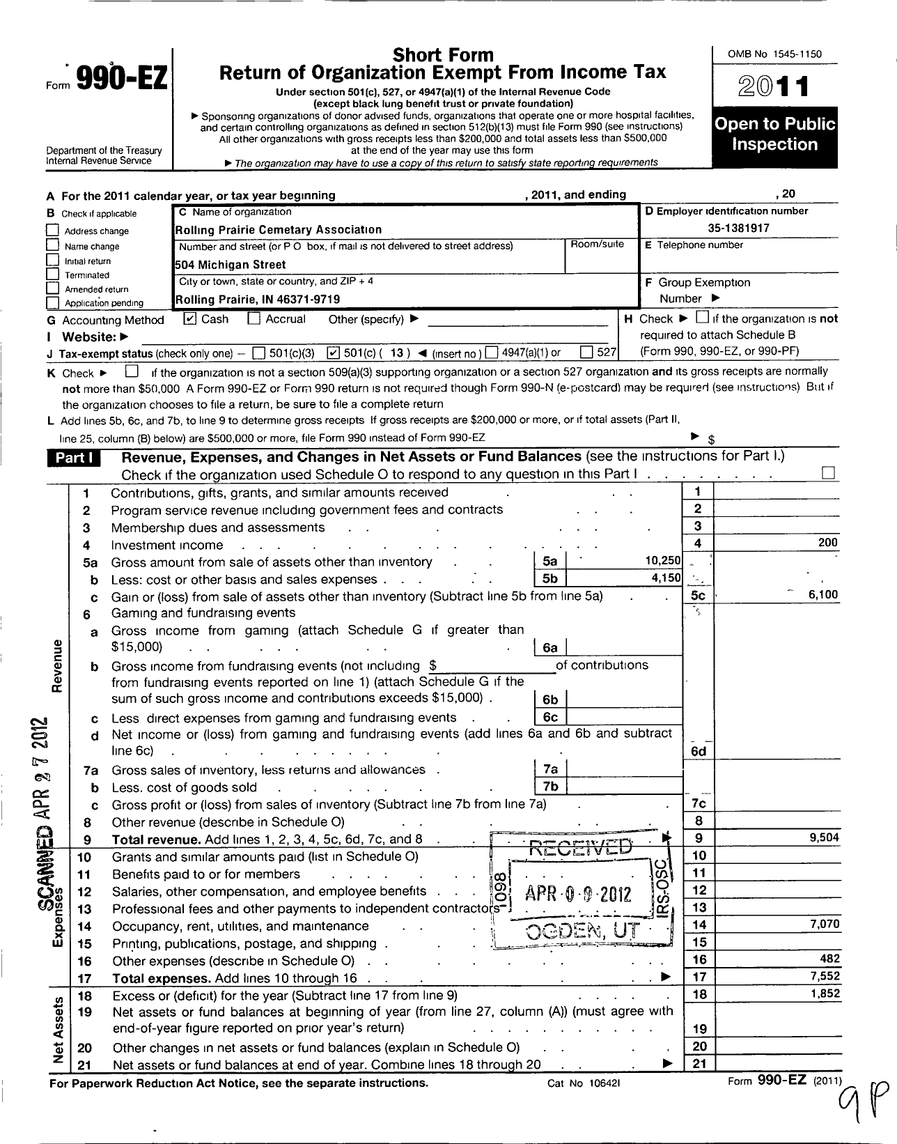 Image of first page of 2011 Form 990EO for Rolling Prairie Cemetery Association