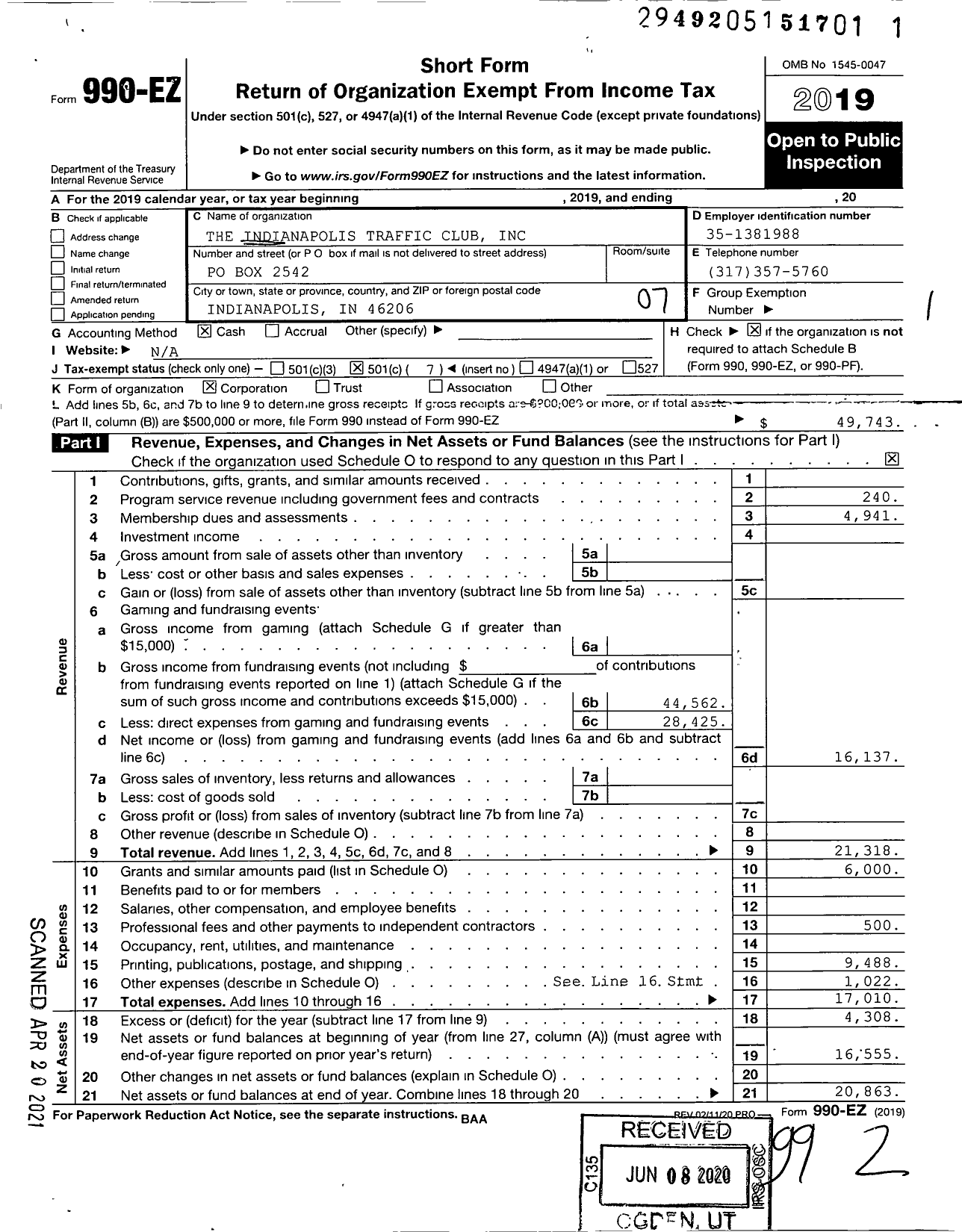 Image of first page of 2019 Form 990EO for The Indianapolis Traffic Club