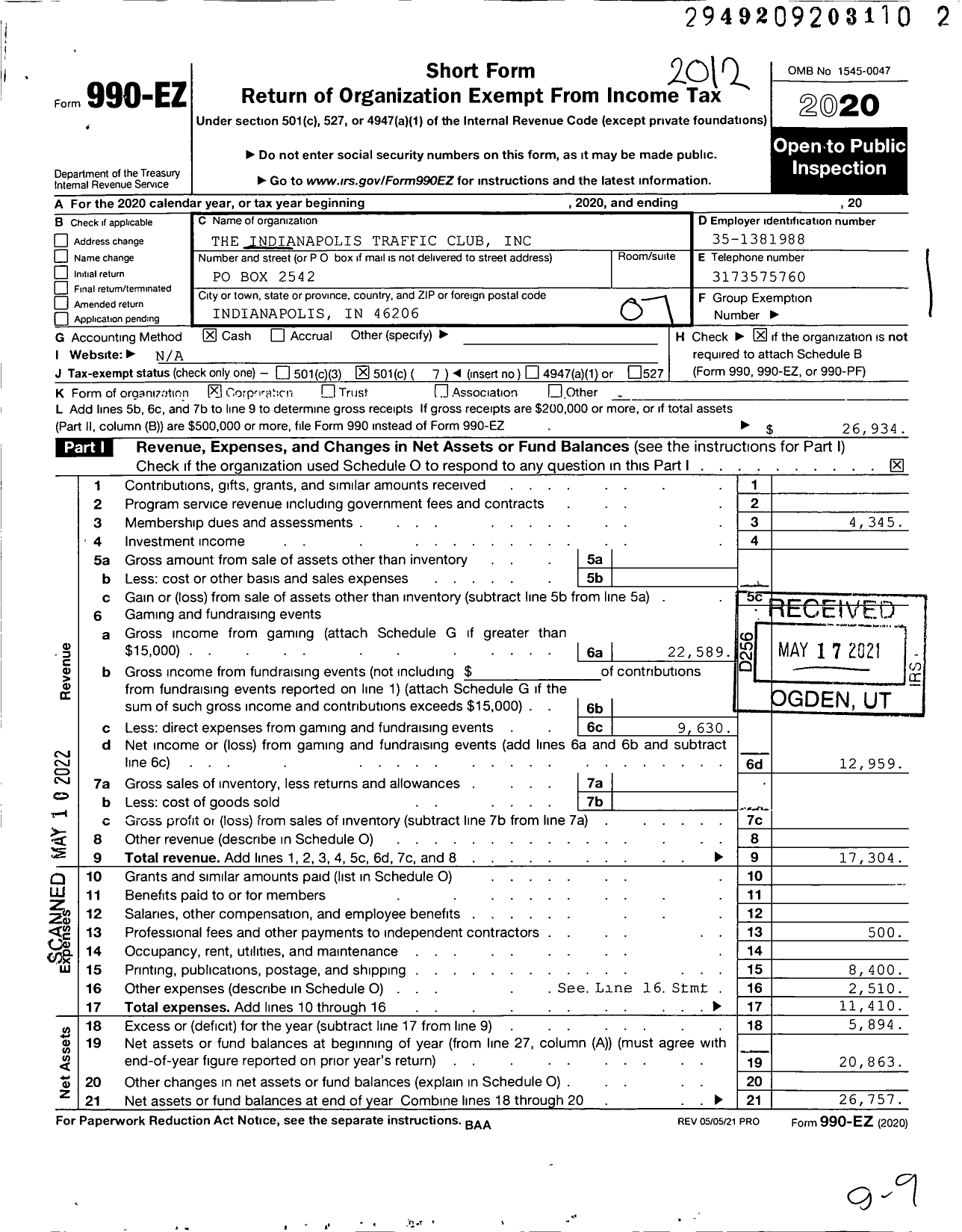 Image of first page of 2020 Form 990EO for The Indianapolis Traffic Club