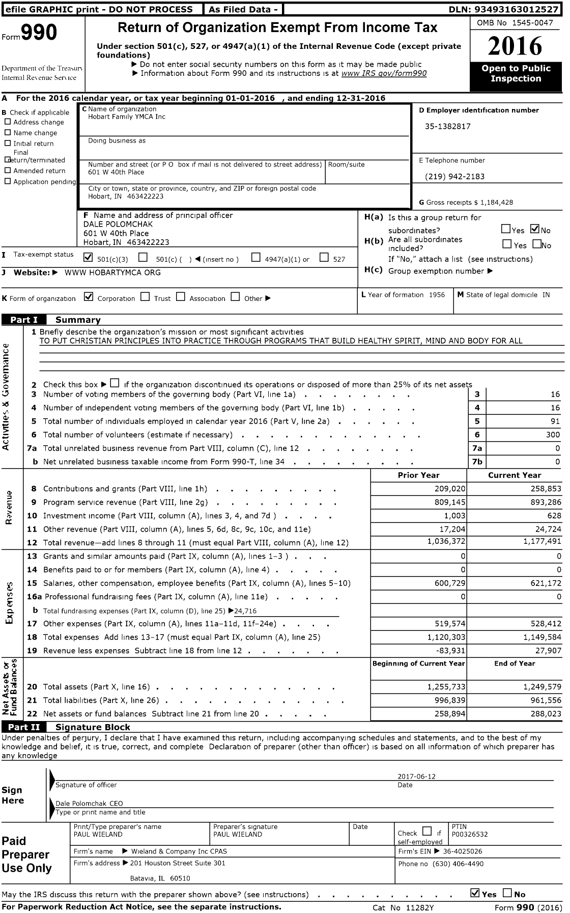 Image of first page of 2016 Form 990 for Hobart Family Ymca