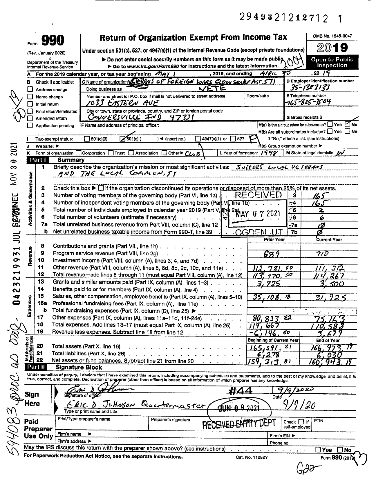 Image of first page of 2019 Form 990O for VFW Department of Indiana - 571 Vfw-Ind Glenn Sample