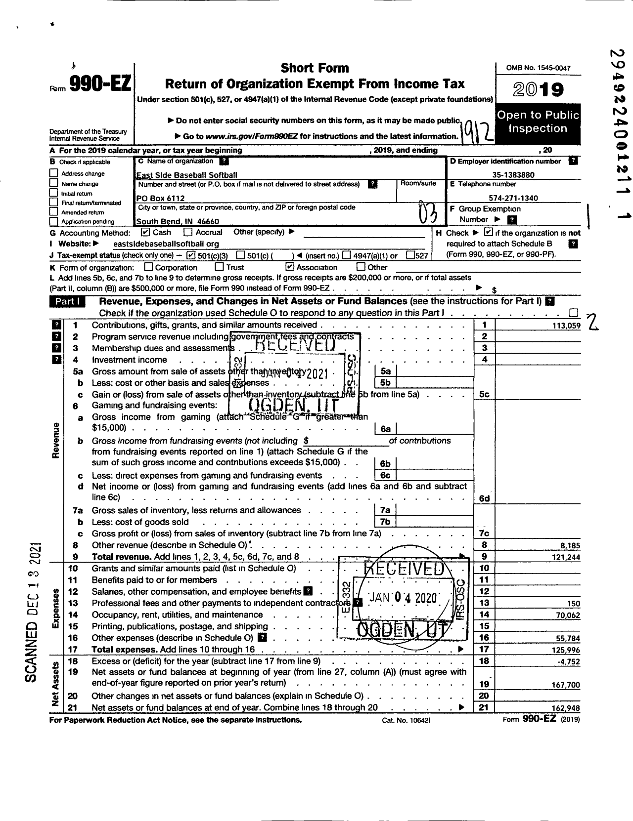 Image of first page of 2019 Form 990EZ for East Side Baseball Softball Association