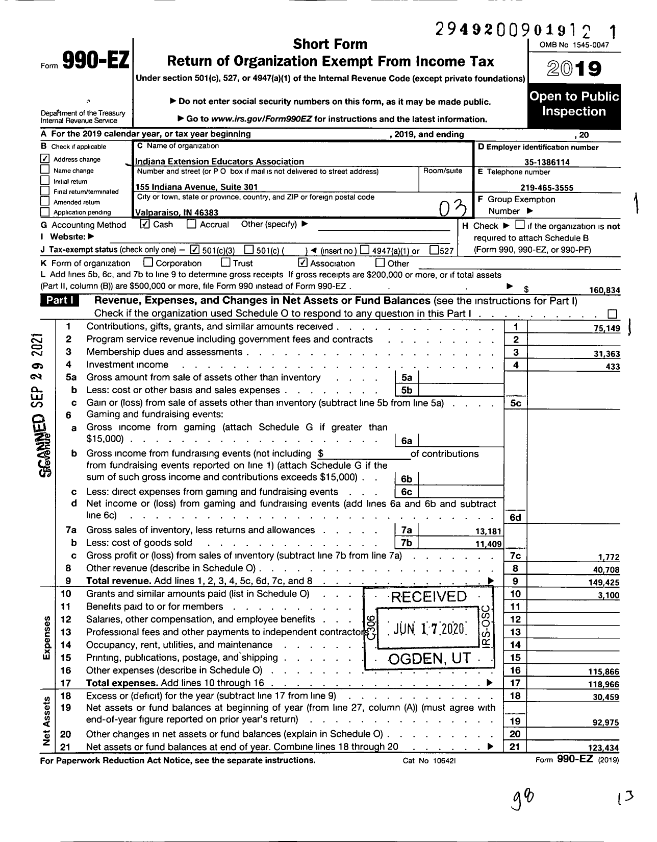 Image of first page of 2019 Form 990EZ for Indiana Extension Educators Association