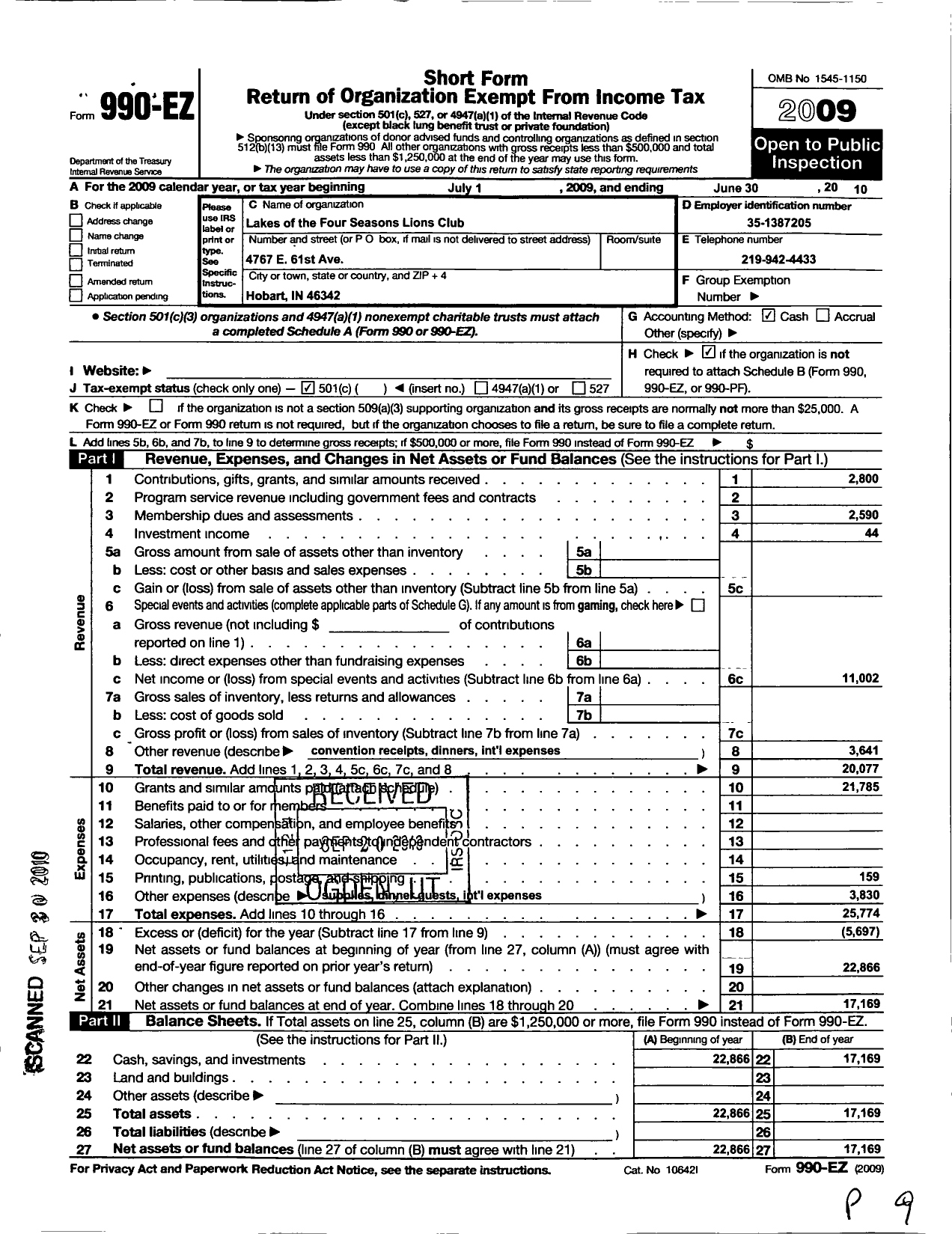 Image of first page of 2009 Form 990EO for Wakarusa Historical Society Incorporated