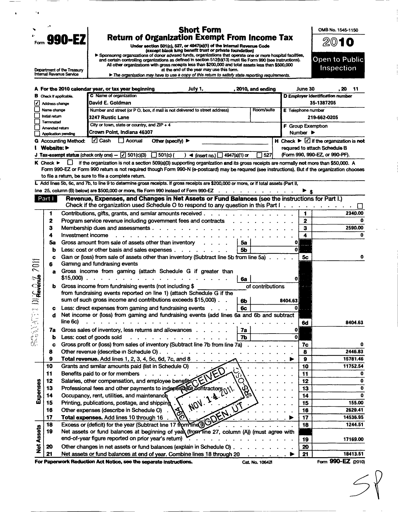 Image of first page of 2010 Form 990EZ for Wakarusa Historical Society Incorporated