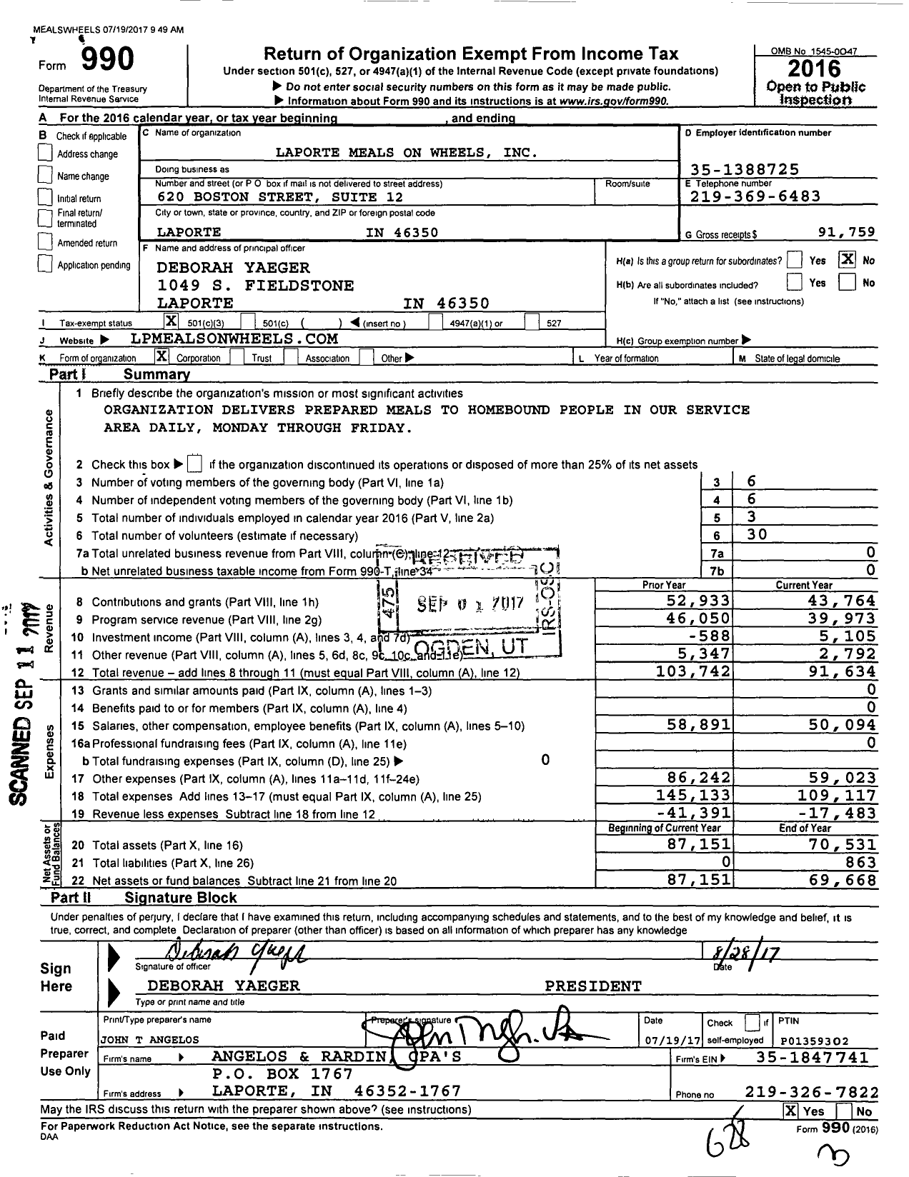 Image of first page of 2016 Form 990 for Laporte Meals on Wheels