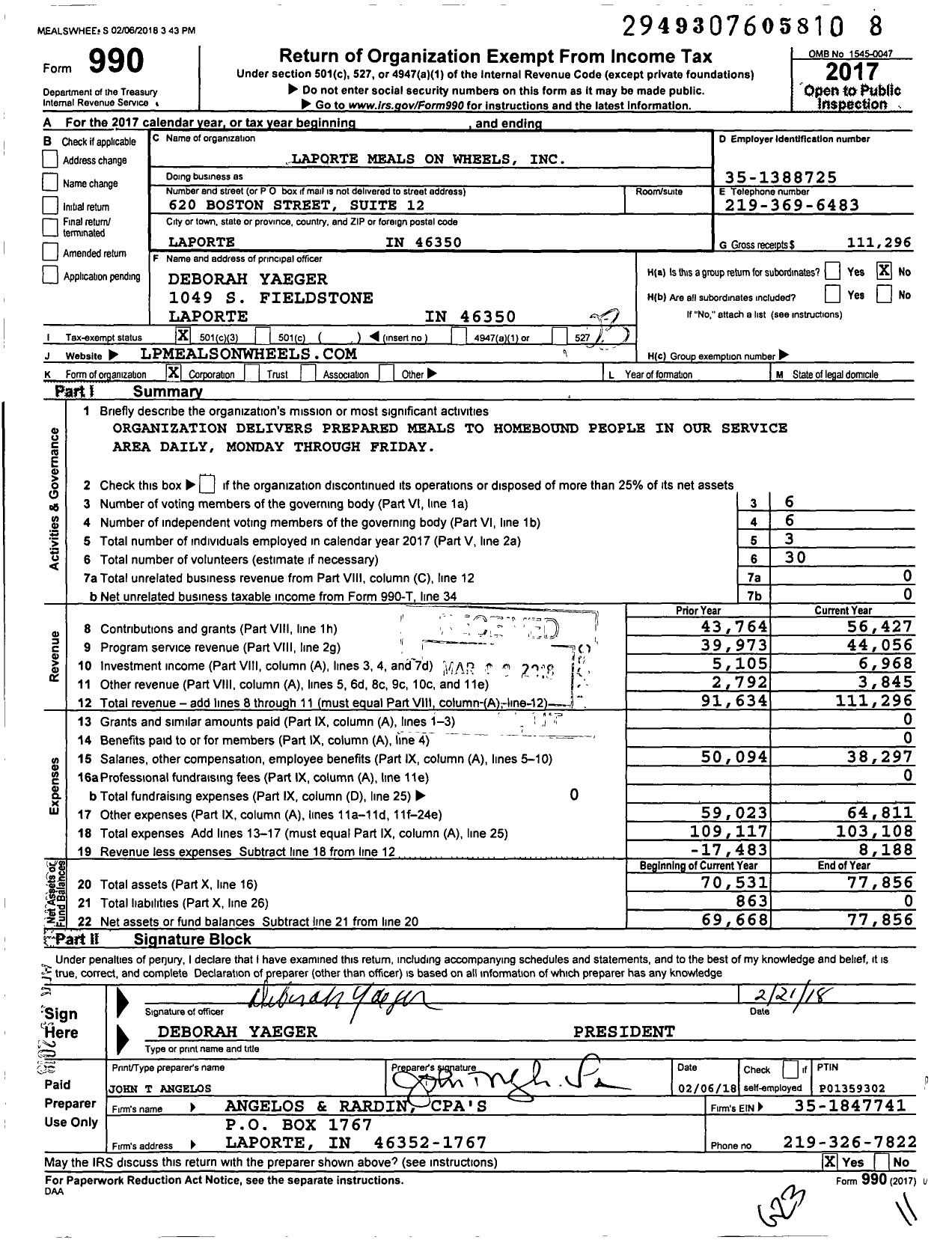 Image of first page of 2017 Form 990 for Laporte Meals on Wheels