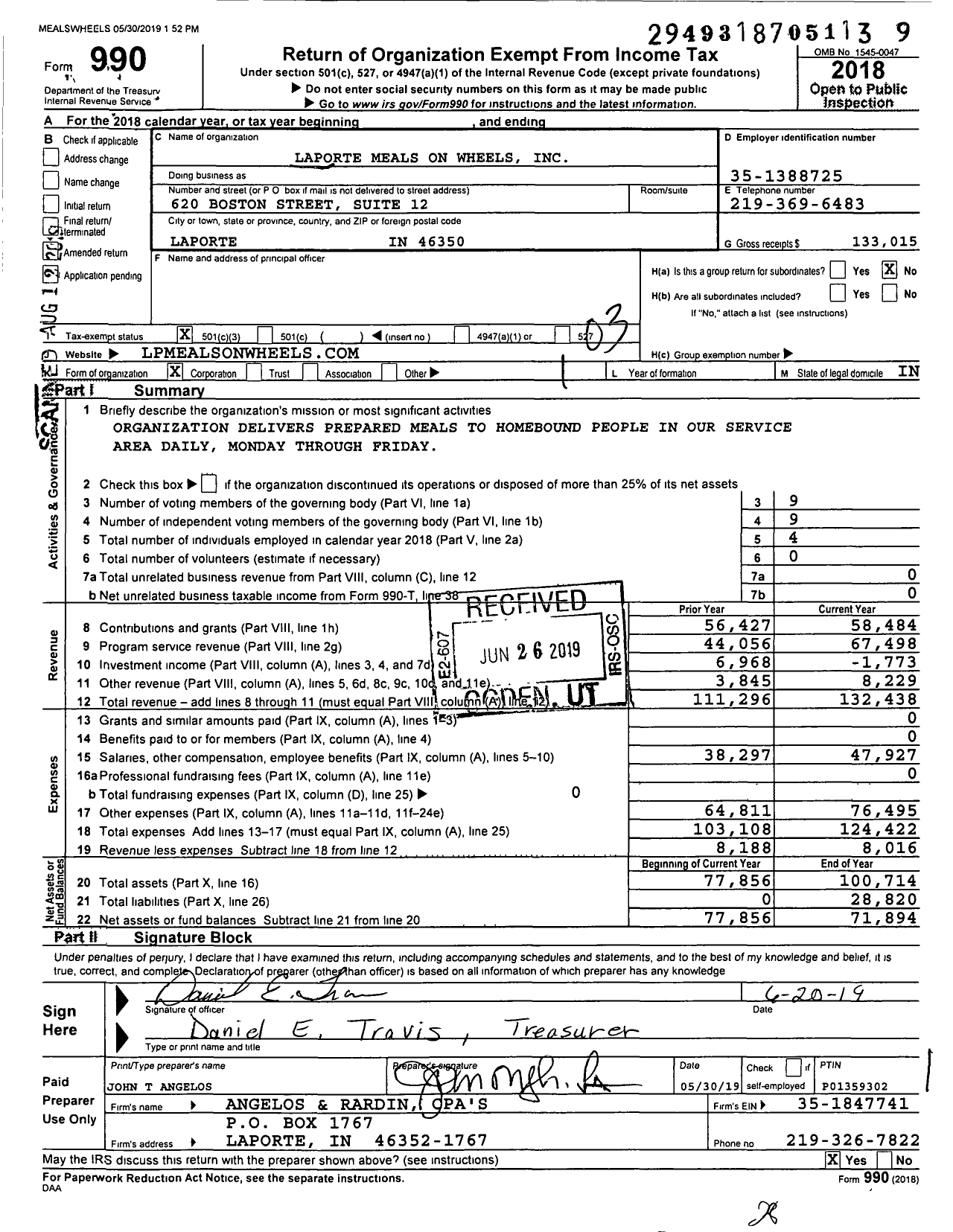 Image of first page of 2018 Form 990 for Laporte Meals on Wheels