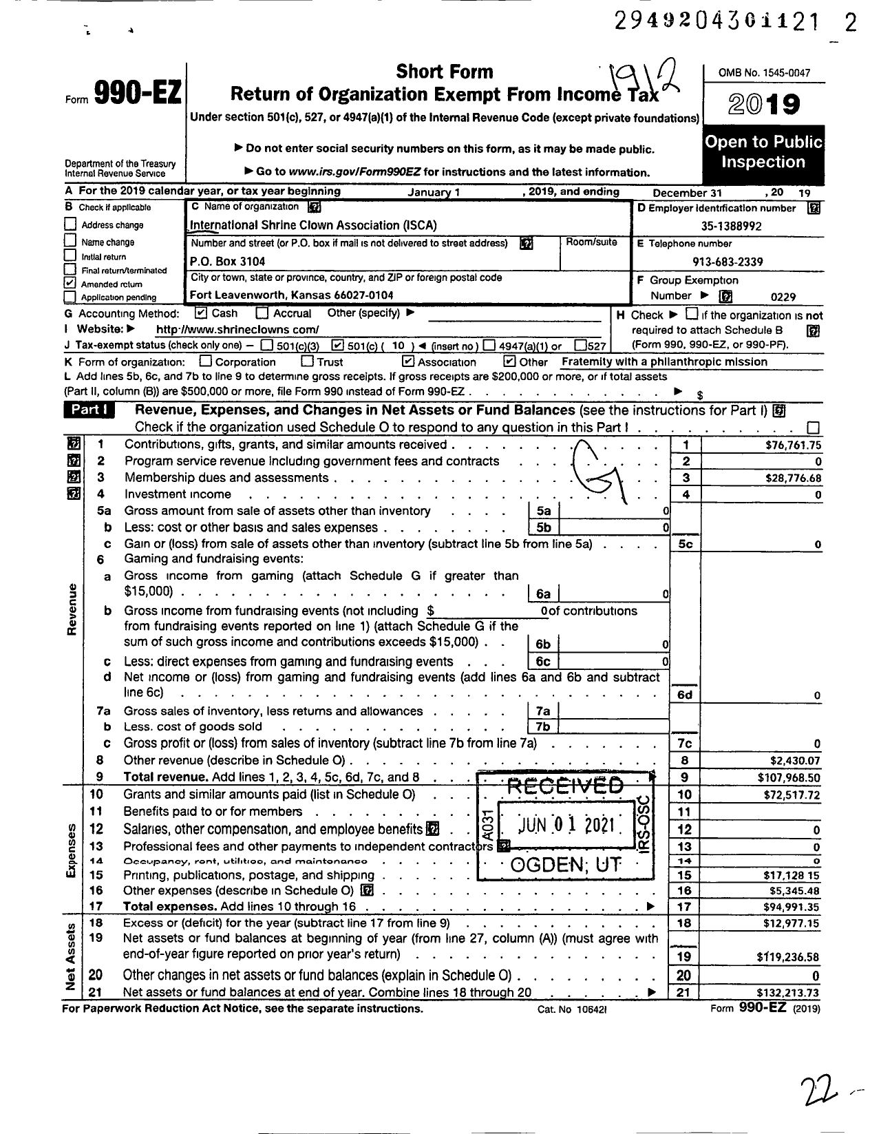 Image of first page of 2019 Form 990EO for International Shrine Clown Association (ISCA)