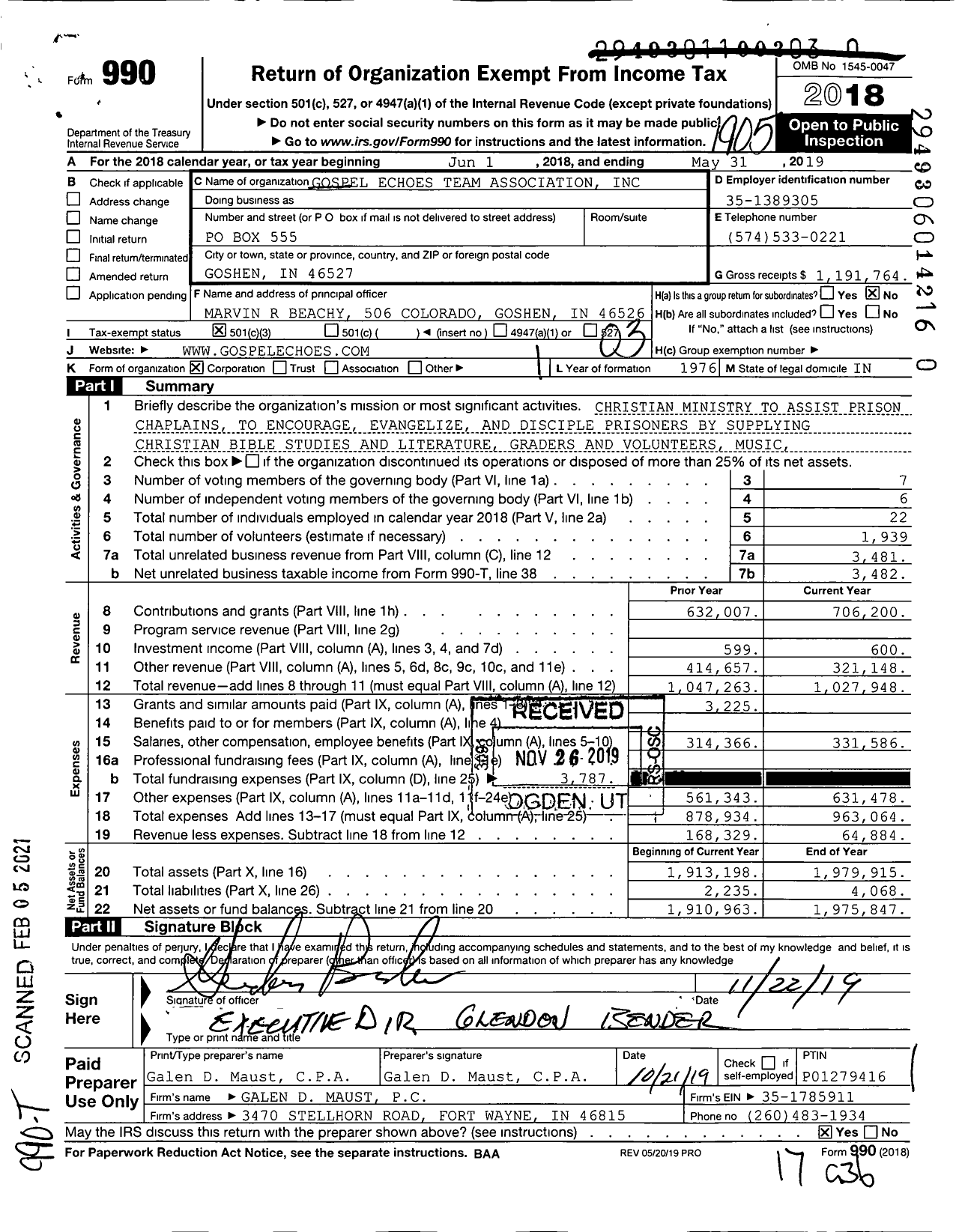 Image of first page of 2018 Form 990 for Gospel Echoes Team Association