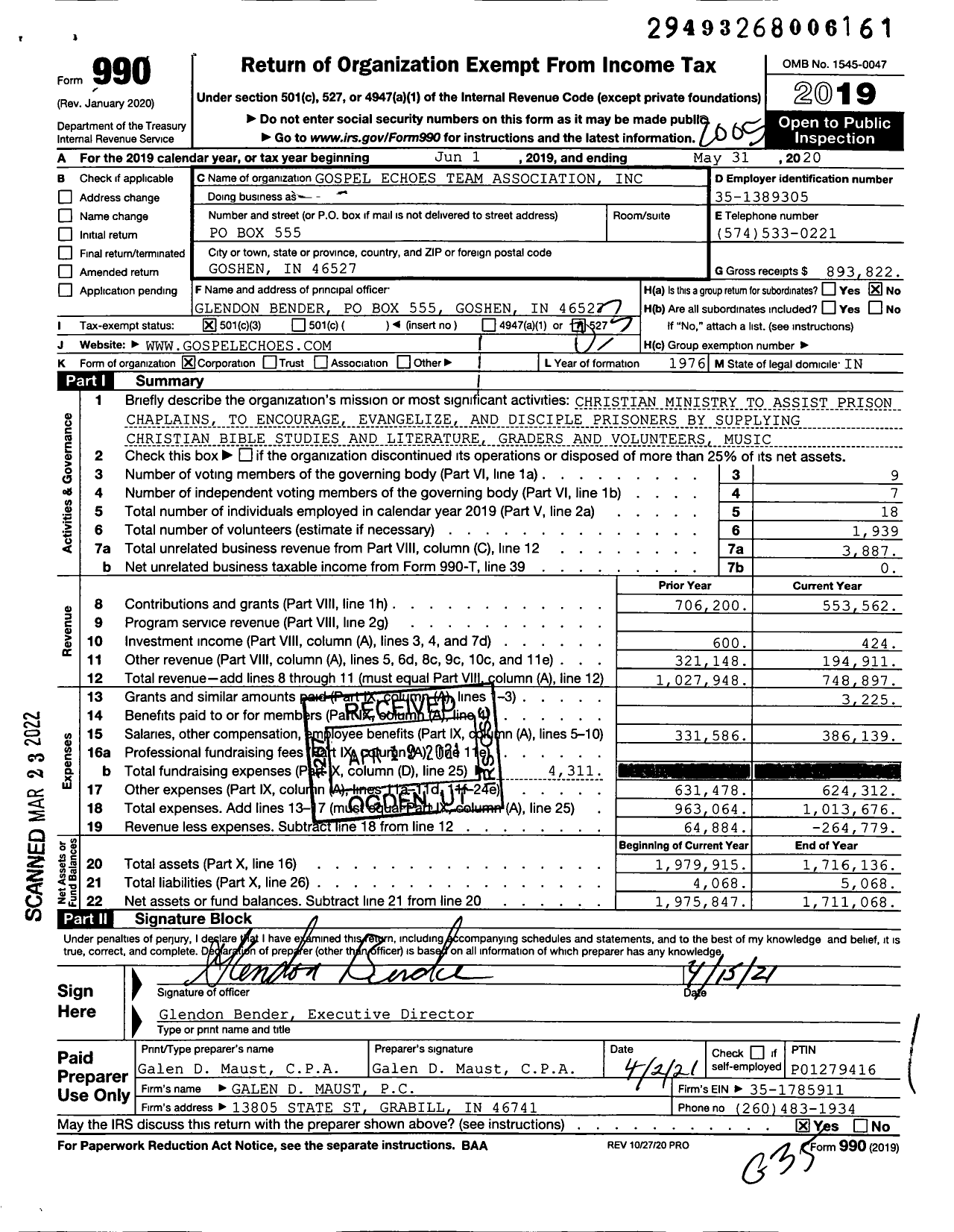 Image of first page of 2019 Form 990 for Gospel Echoes Team Association