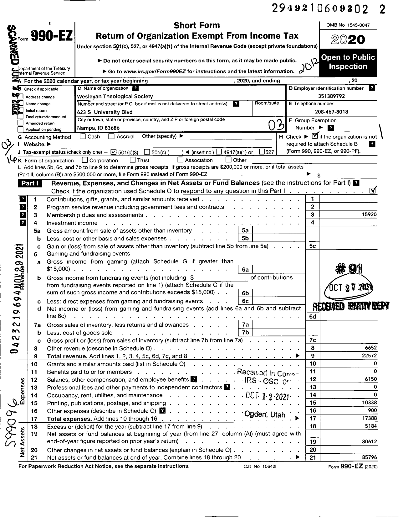 Image of first page of 2020 Form 990EZ for Wesleyan Theological Society