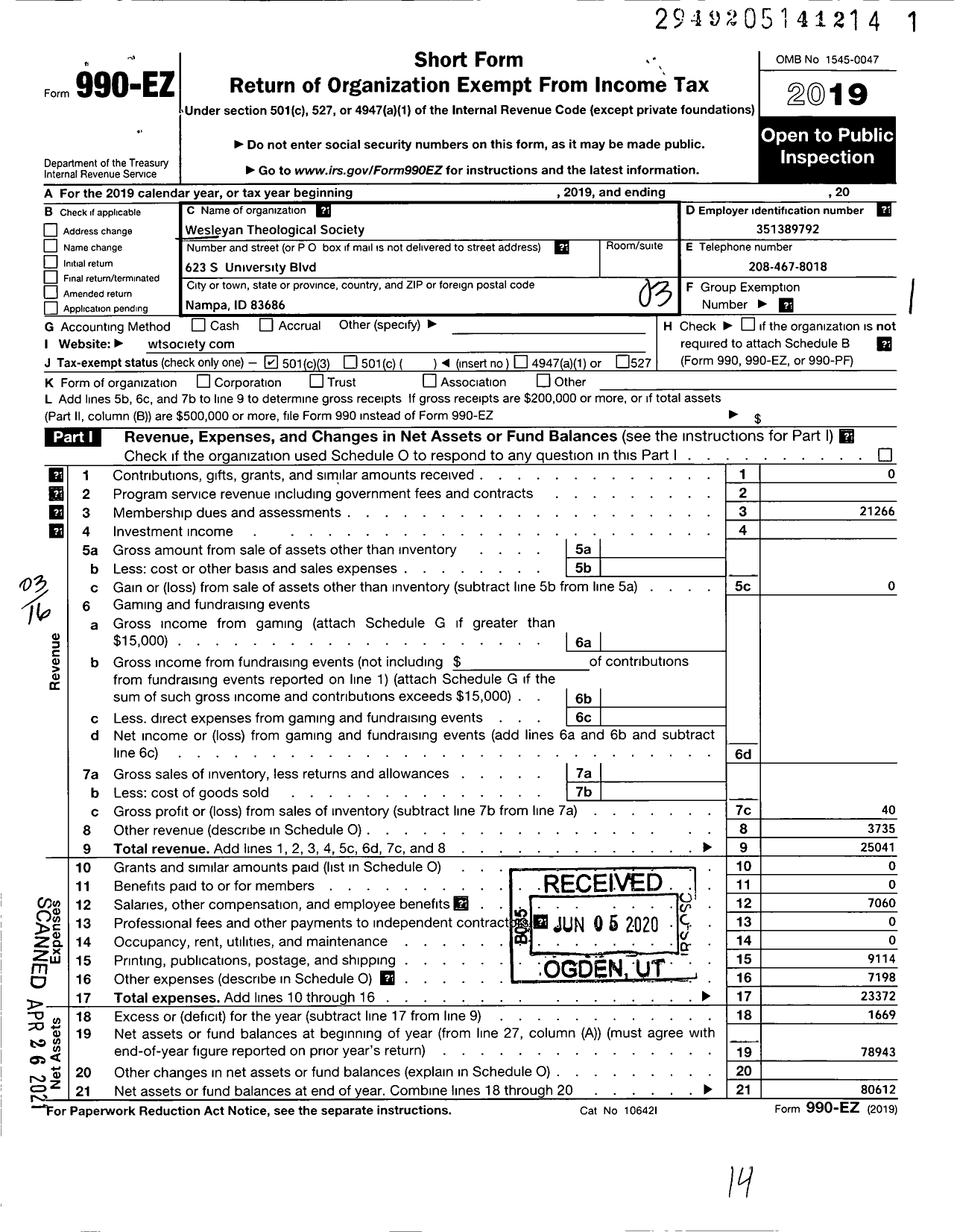 Image of first page of 2019 Form 990EZ for Wesleyan Theological Society