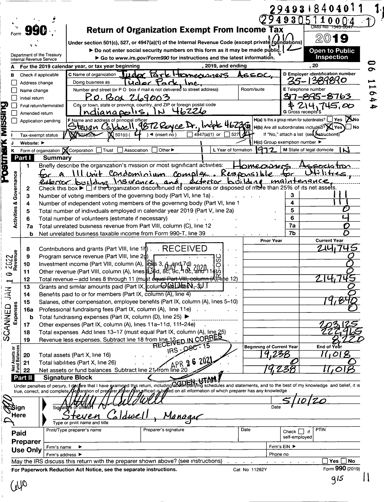 Image of first page of 2019 Form 990O for Tudor Park HOA