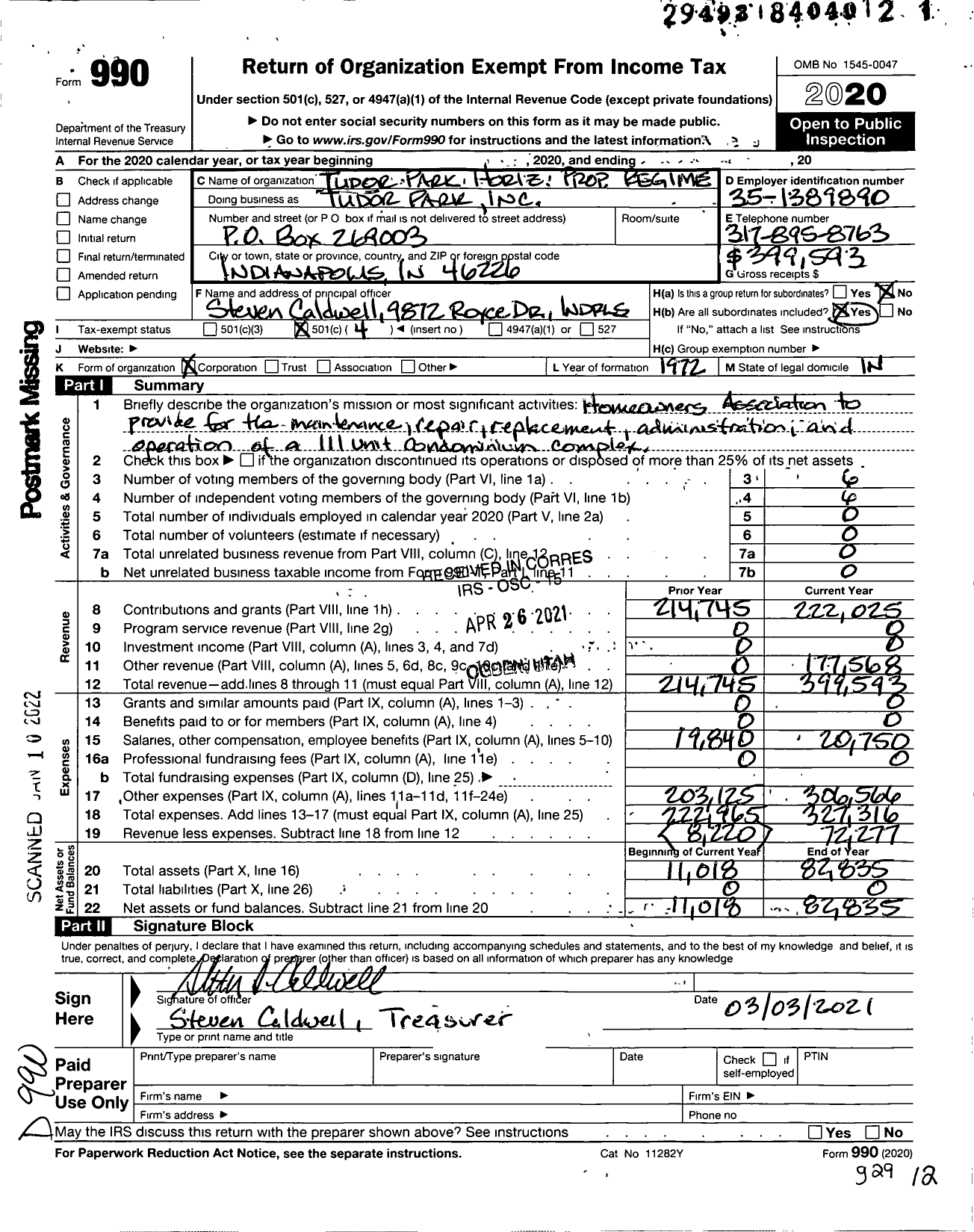 Image of first page of 2020 Form 990O for Tudor Park HOA