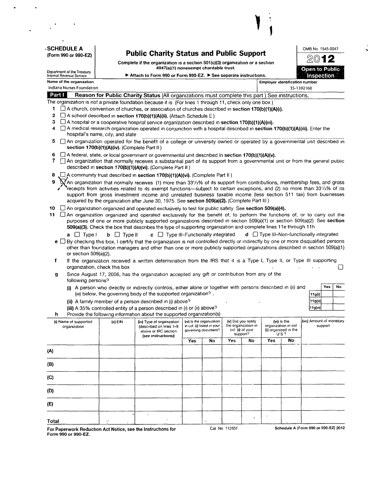 Image of first page of 2012 Form 990ER for Indiana Nurses Foundation