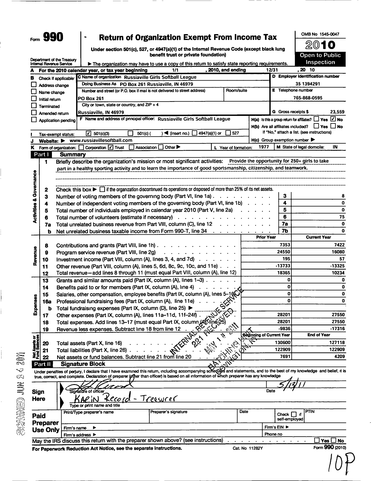 Image of first page of 2010 Form 990 for Russiaville Girls Softball League