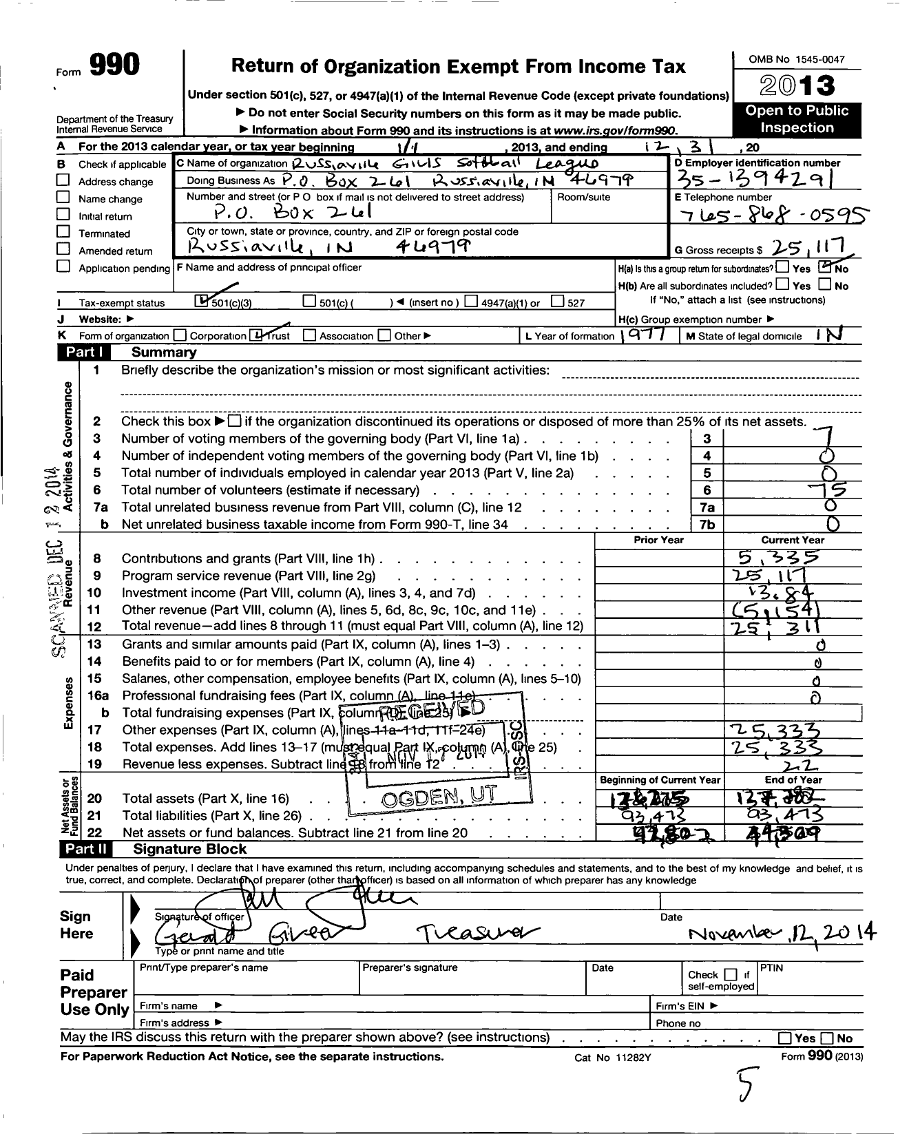 Image of first page of 2013 Form 990 for Russiaville Girls Softball League