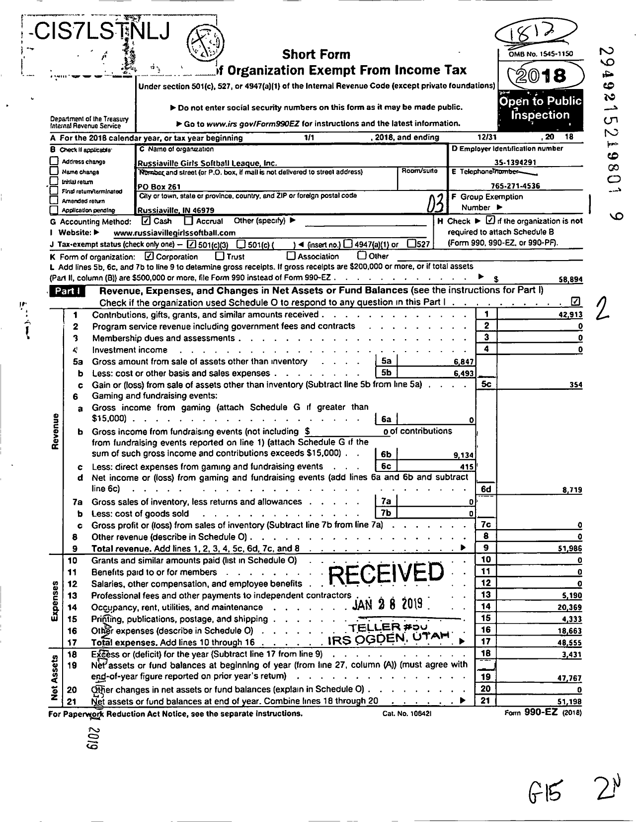 Image of first page of 2018 Form 990EZ for Russiaville Girls Softball League