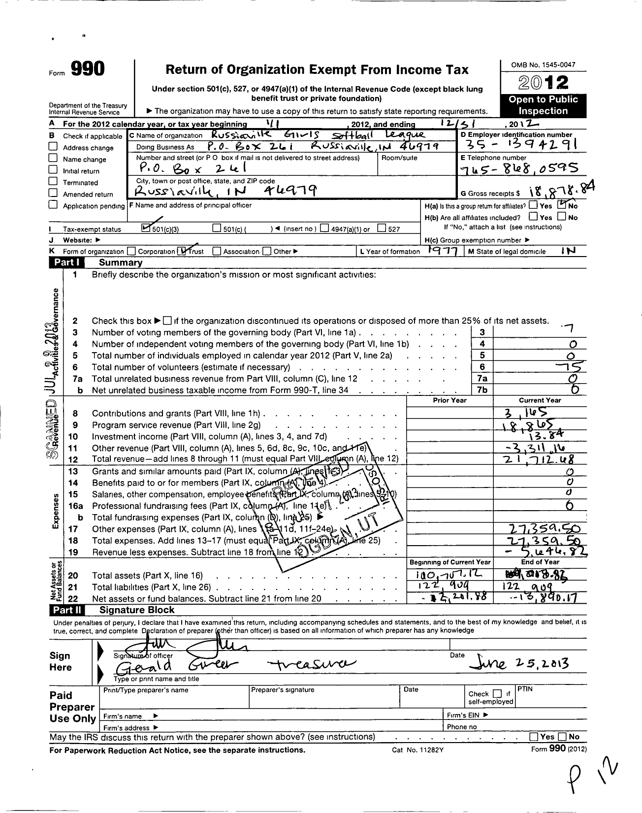 Image of first page of 2012 Form 990 for Russiaville Girls Softball League