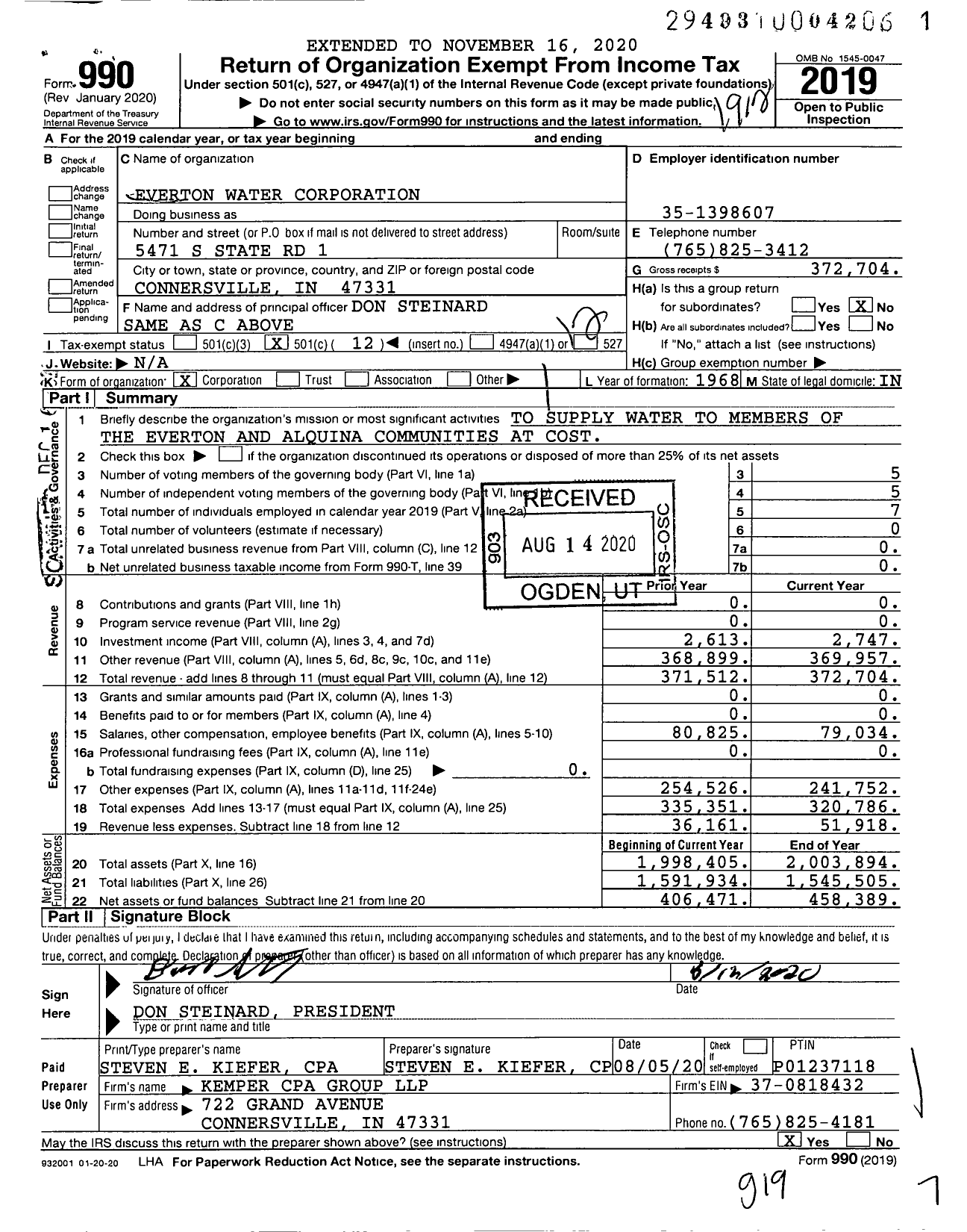 Image of first page of 2019 Form 990O for Everton Water Corporation