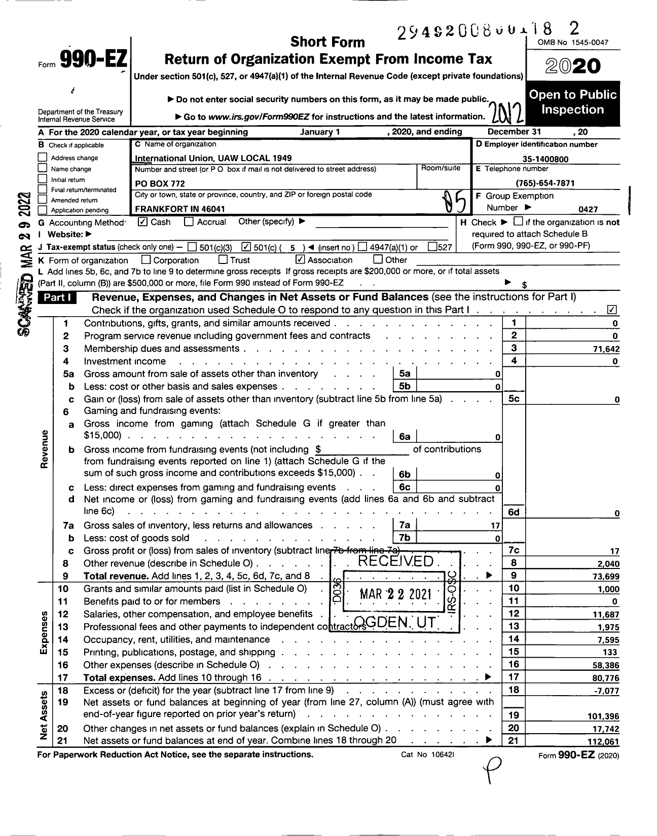 Image of first page of 2020 Form 990EO for UAW - 1949 UAW Local