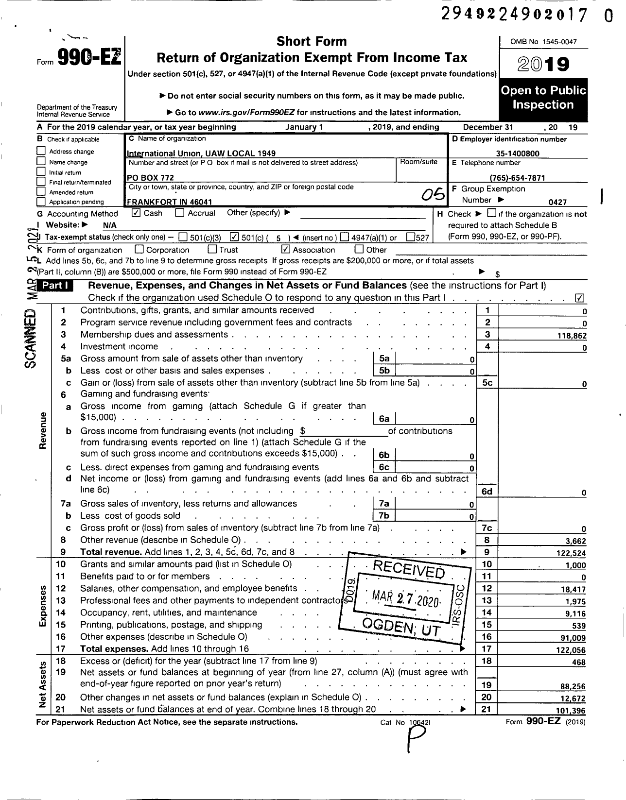 Image of first page of 2019 Form 990EO for UAW - 1949 UAW Local