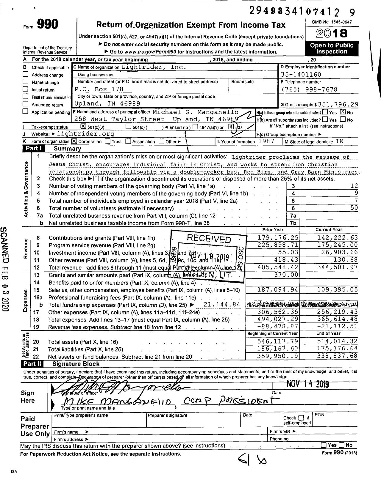 Image of first page of 2018 Form 990 for Lightrider