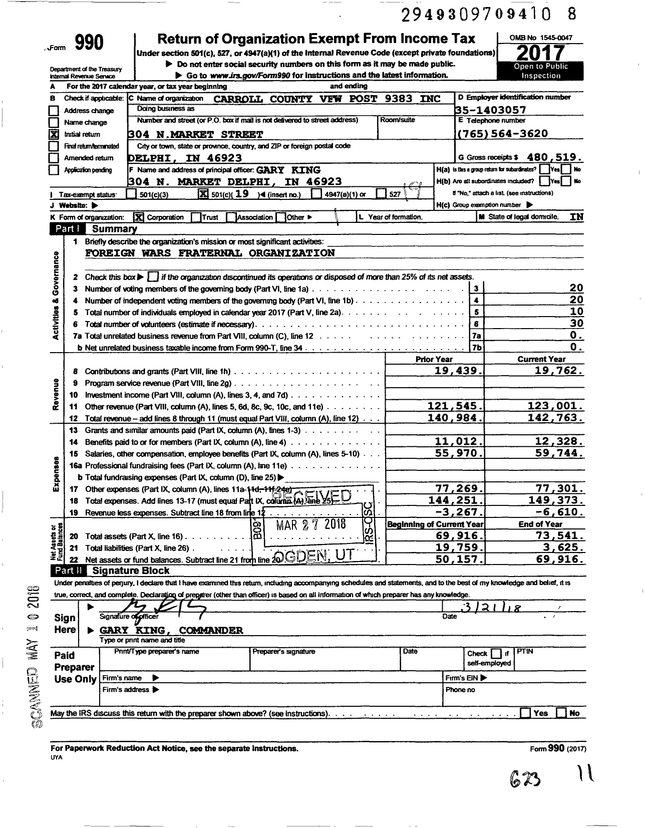 Image of first page of 2017 Form 990O for VFW Department of Indiana - 9383 Post Carroll County