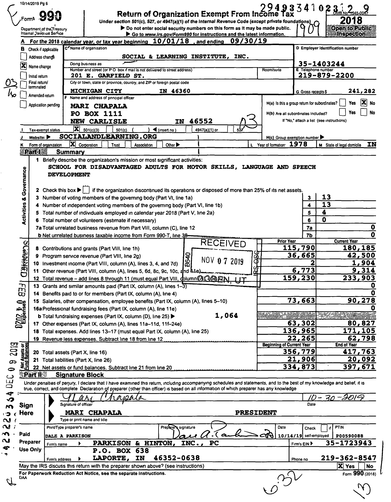 Image of first page of 2018 Form 990 for Social and Learning Institute