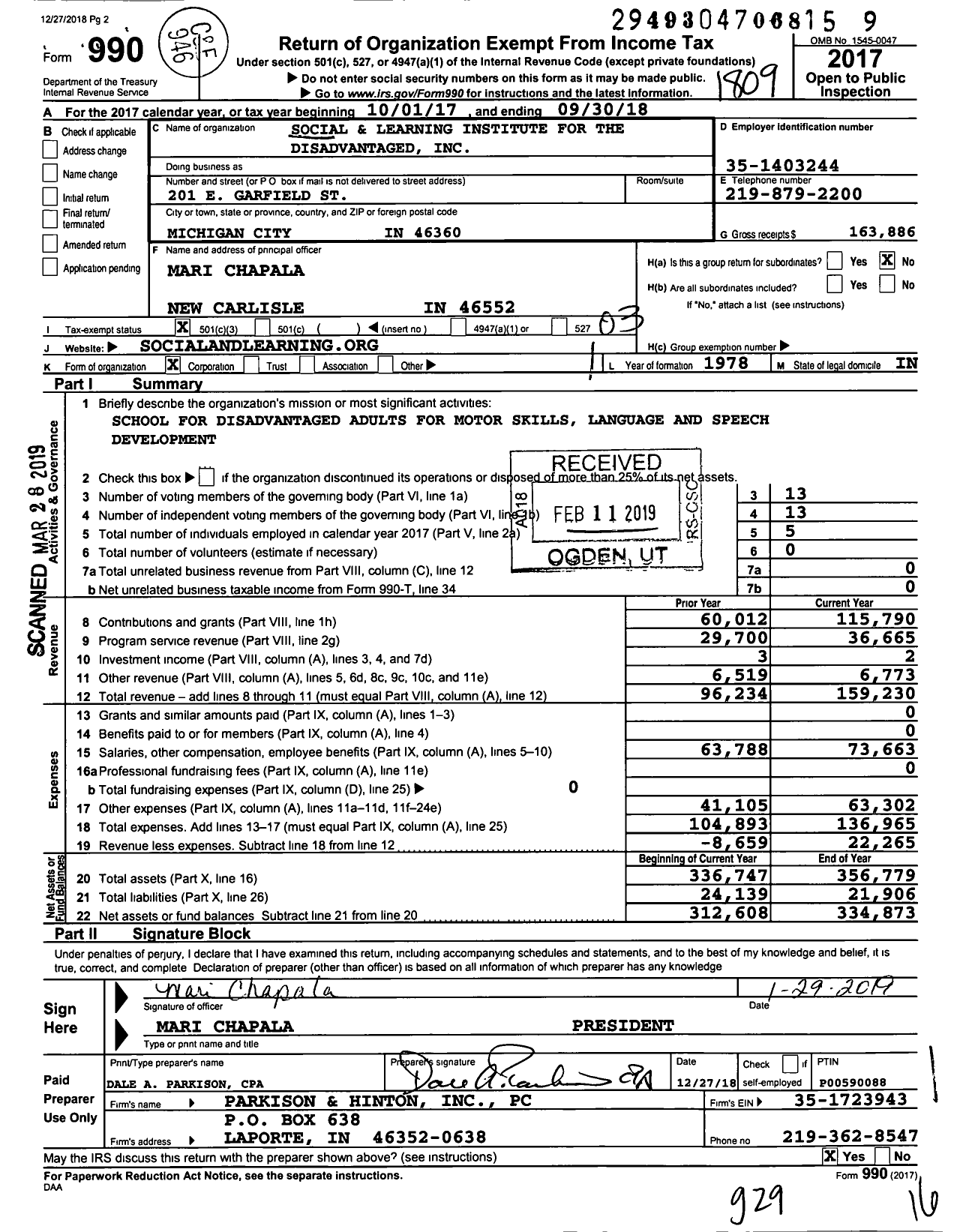 Image of first page of 2017 Form 990 for Social and Learning Institute