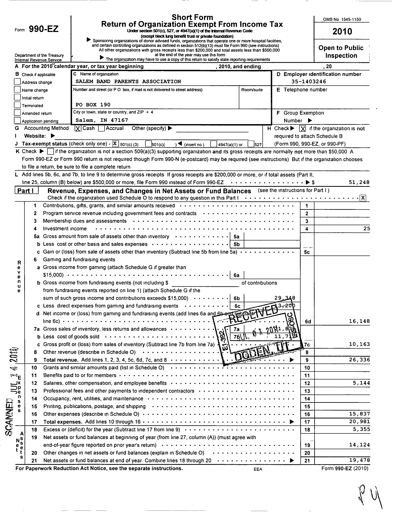 Image of first page of 2010 Form 990EZ for Salem Schools Band Parents Association