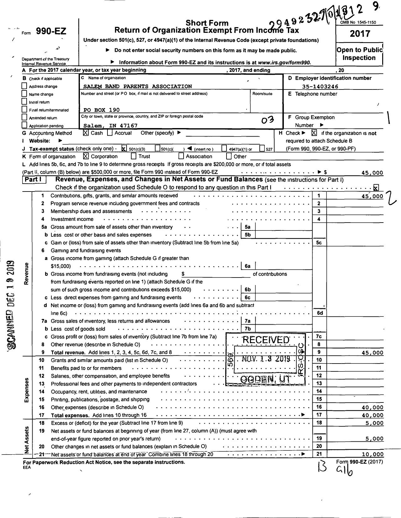 Image of first page of 2017 Form 990EZ for Salem Schools Band Parents Association