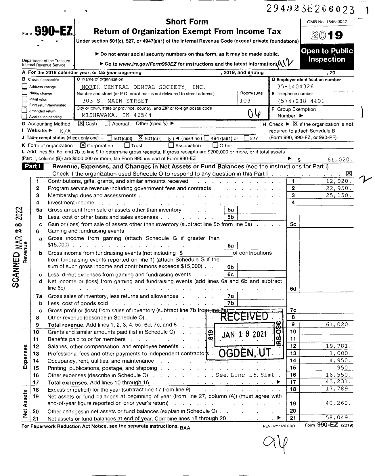 Image of first page of 2019 Form 990EO for North Central Dental Society