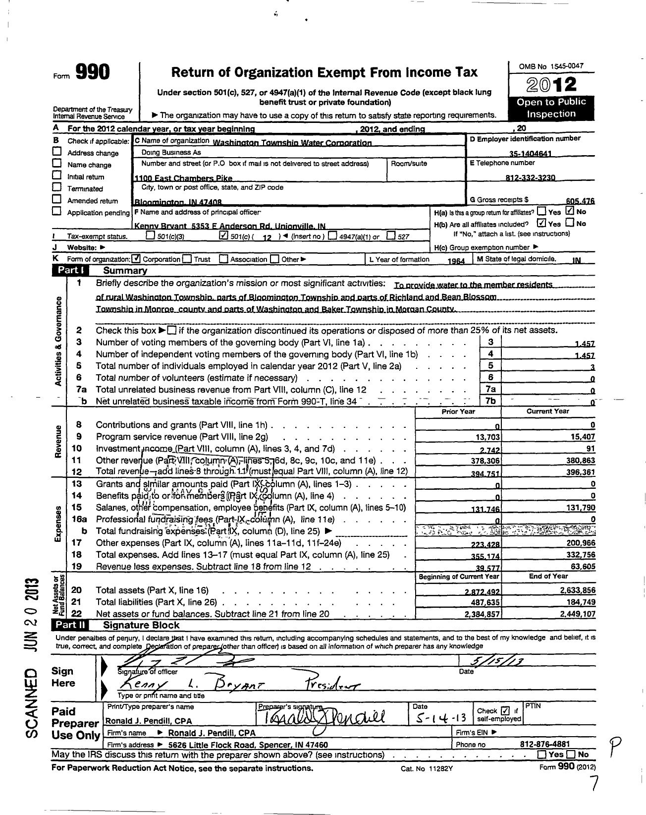 Image of first page of 2012 Form 990O for Washington Township Water Corporation