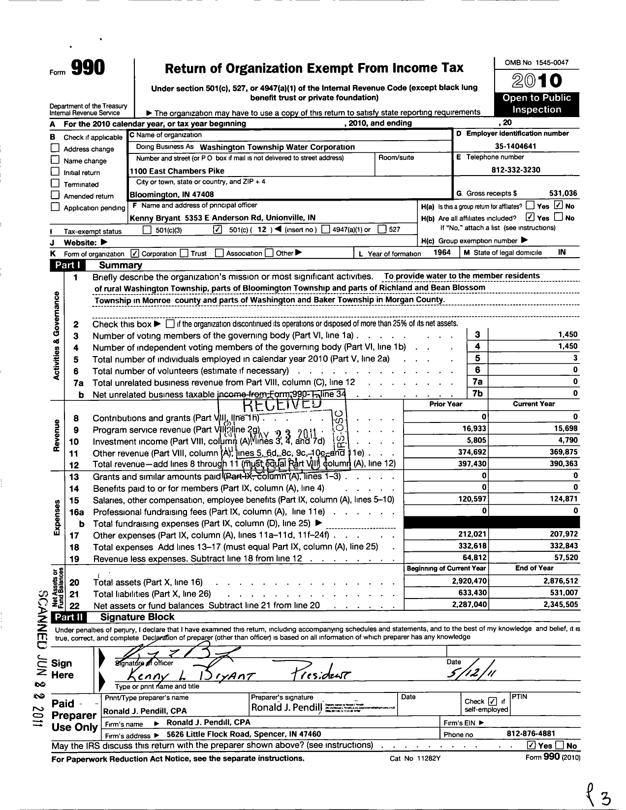 Image of first page of 2010 Form 990O for Washington Township Water Corporation