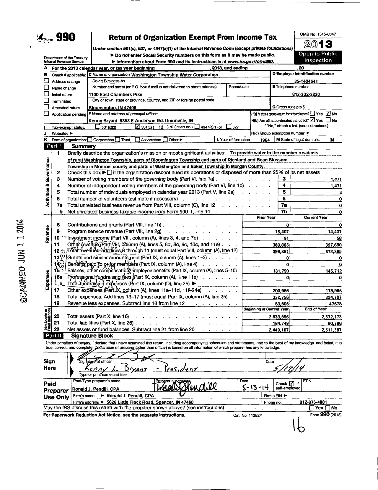 Image of first page of 2013 Form 990O for Washington Township Water Corporation