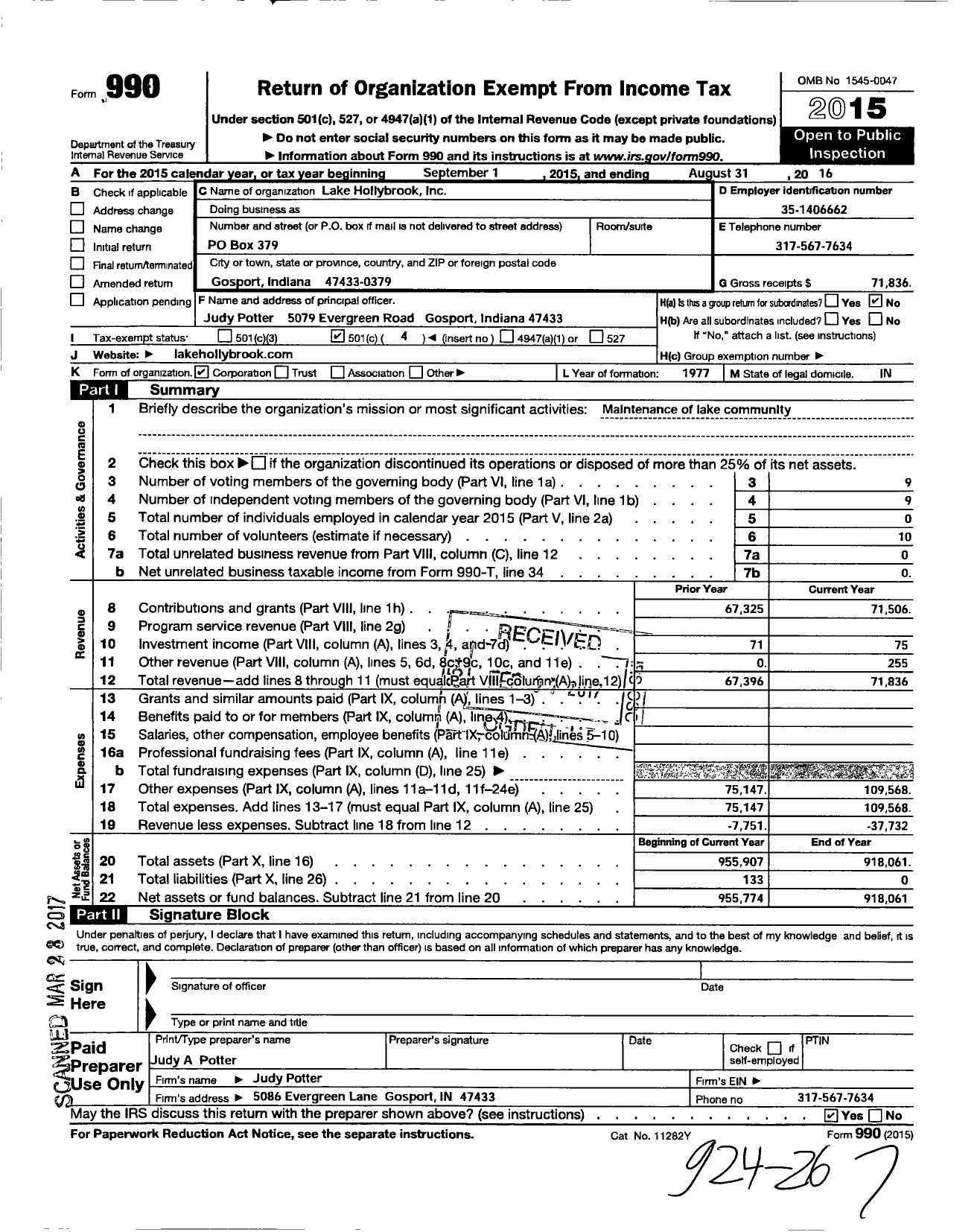 Image of first page of 2015 Form 990O for Lake Hollybrook