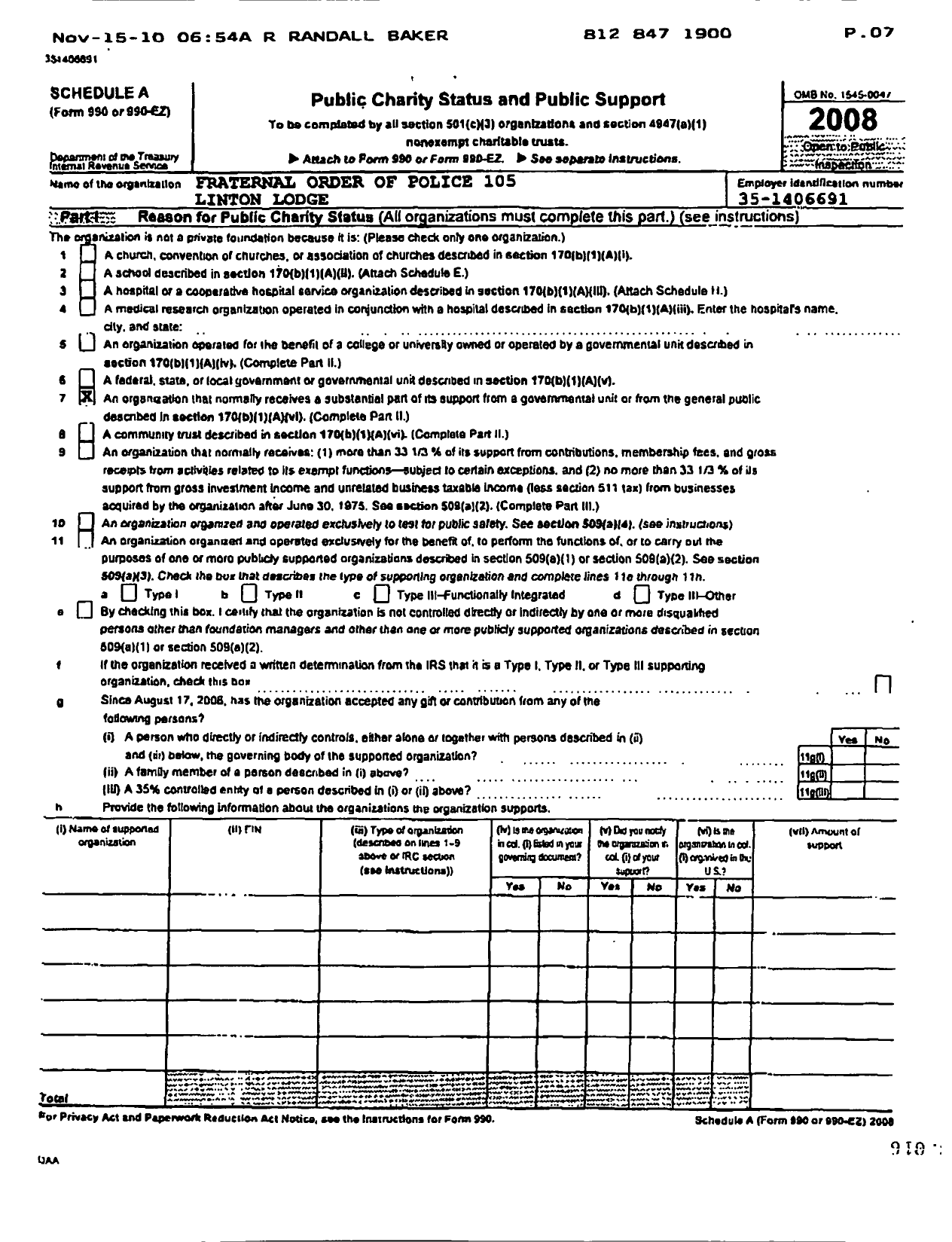 Image of first page of 2008 Form 990ER for Fraternal Order of Police - 105 Linton Lodge