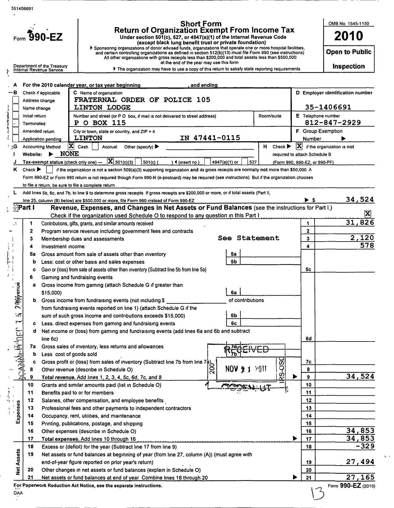 Image of first page of 2010 Form 990EZ for Fraternal Order of Police - 105 Linton Lodge