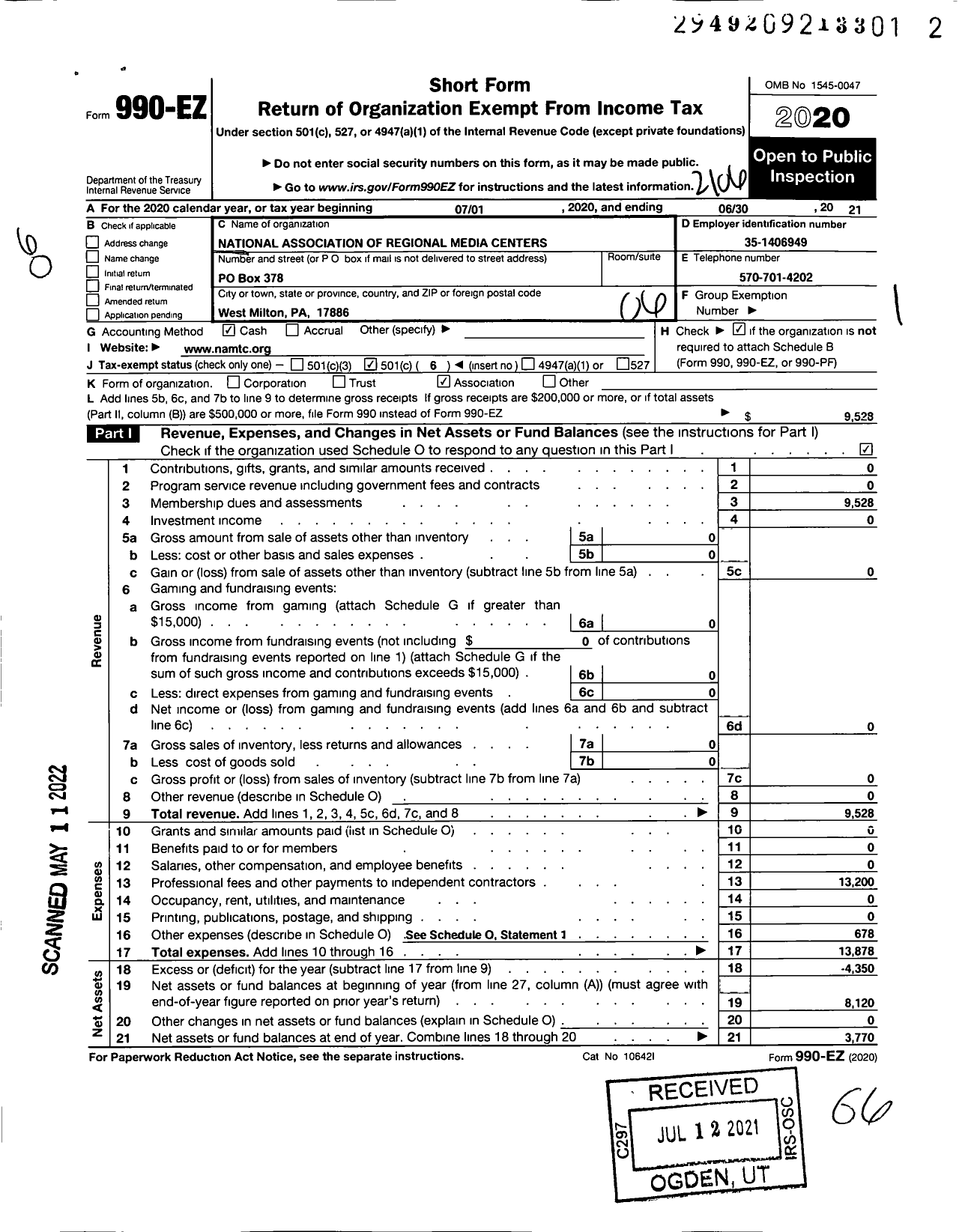 Image of first page of 2020 Form 990EO for National Association of Regional Media Centers