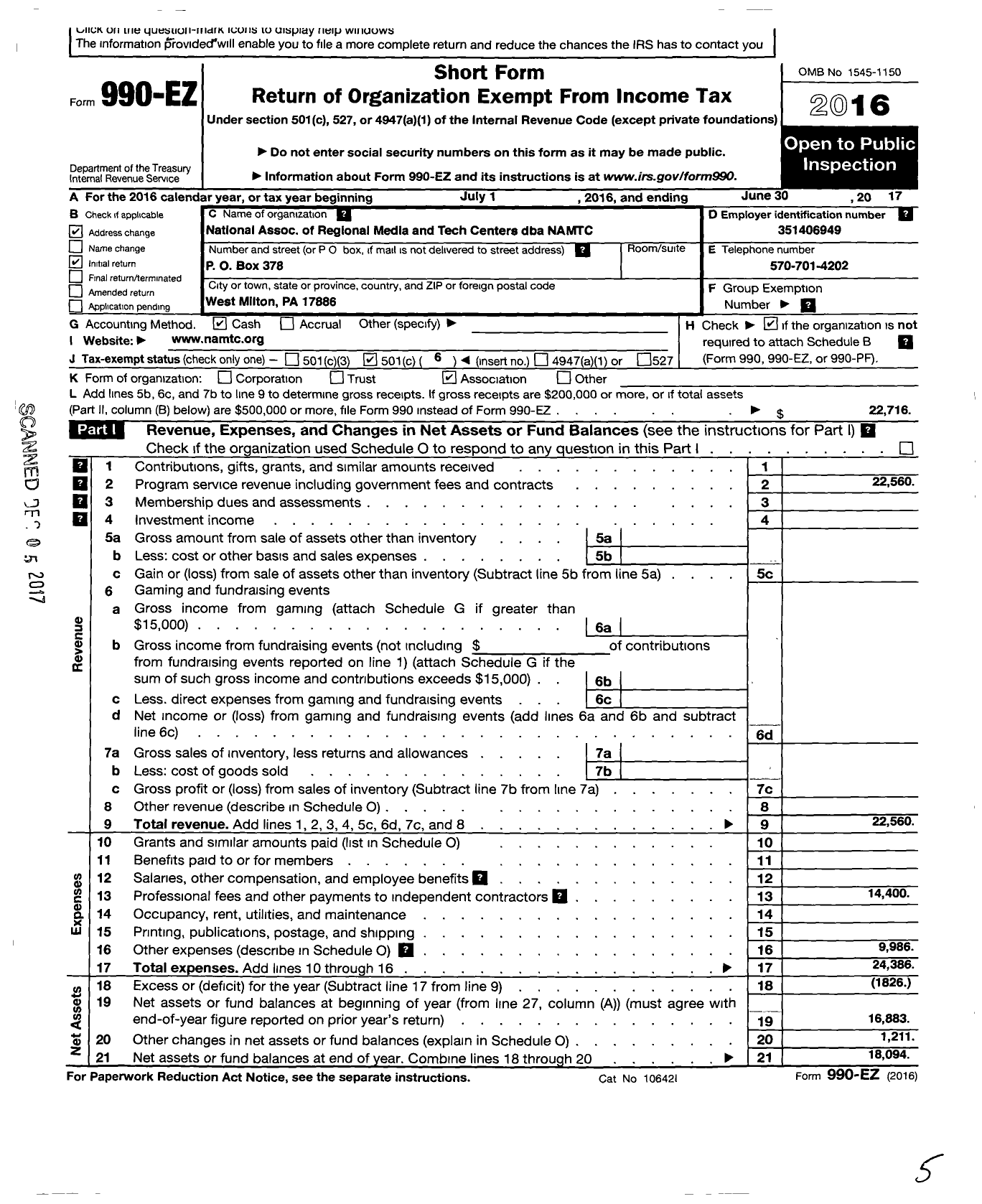 Image of first page of 2016 Form 990EO for National Association of Regional Media Centers