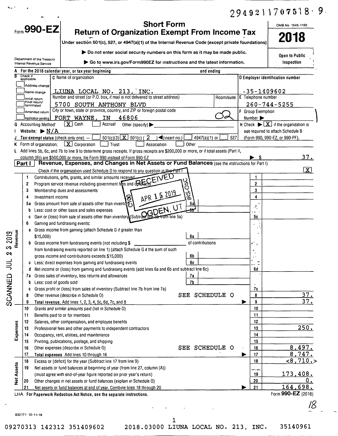 Image of first page of 2018 Form 990EO for Liuna Local No 213
