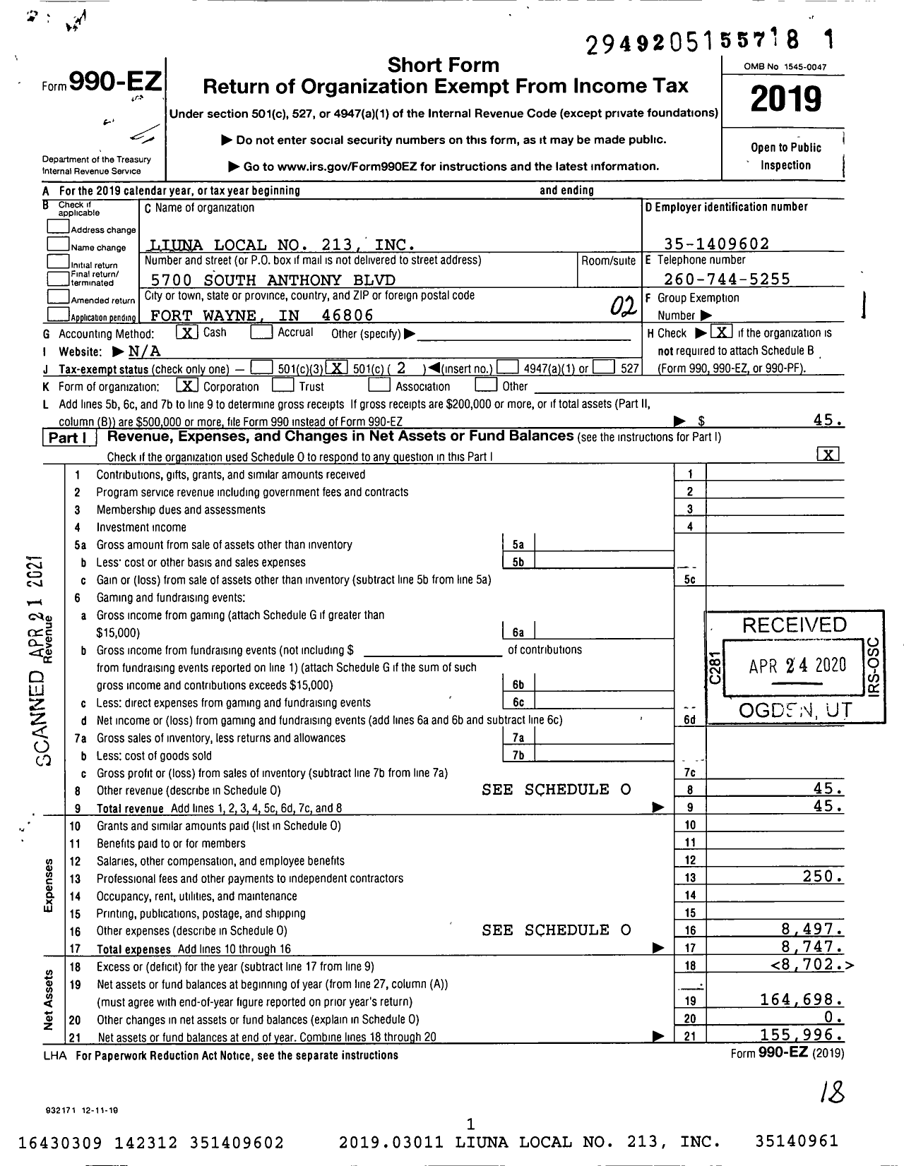 Image of first page of 2019 Form 990EO for Liuna Local No 213