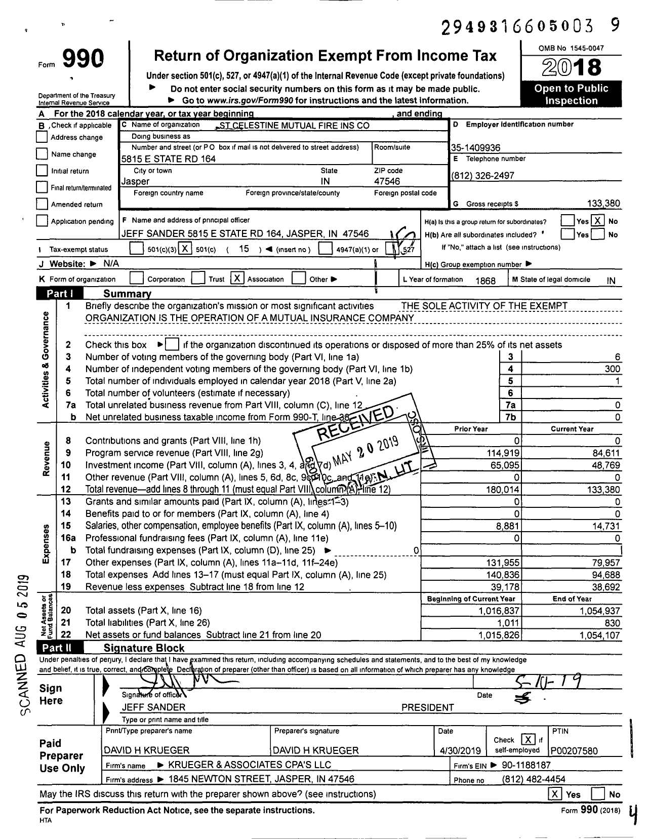 Image of first page of 2018 Form 990O for St Celestine Mutual Fire Ins